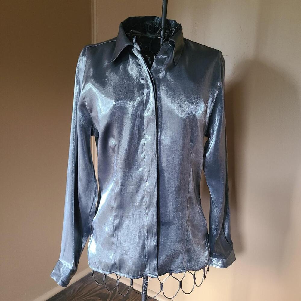 Vtg 90s Cyber Y2K Liquid Metallic Shimmer Clubwear Button Down Blouse Silver S